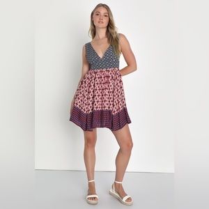 La Vie en Roses Navy Blue and Red Floral Print Dress